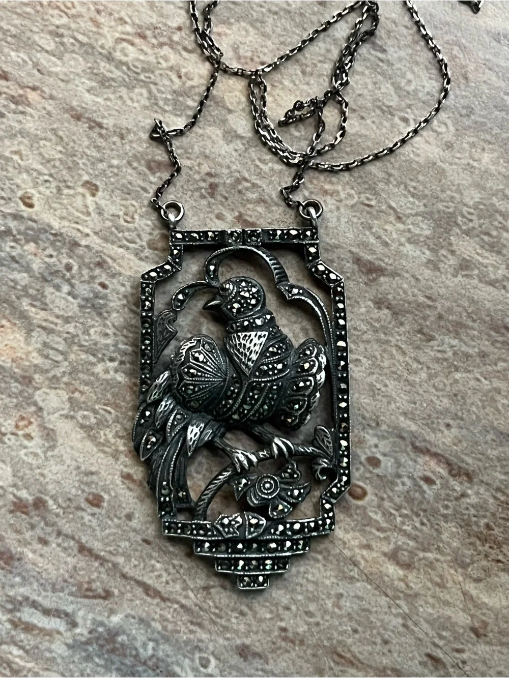 Antique Sterling Silver And Marcasite Bird Necklace - Picture 5 of 16